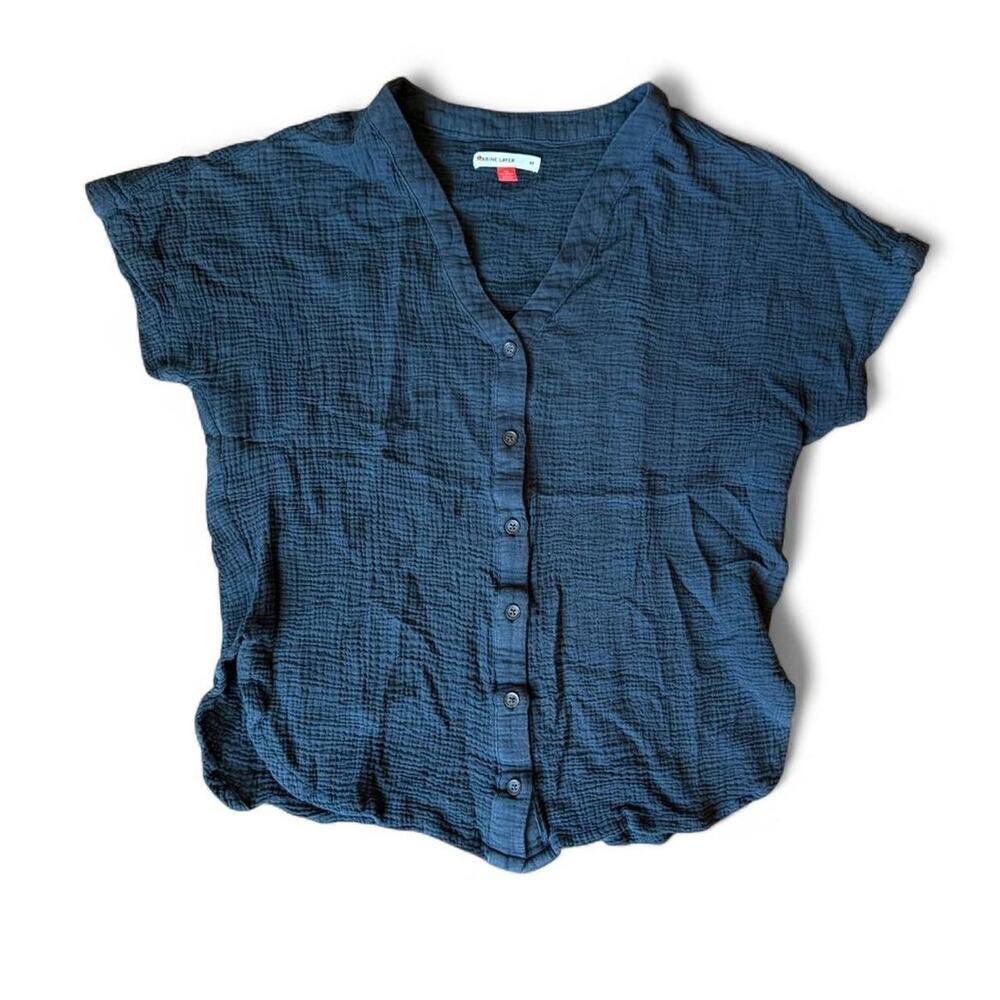 Marine Layer Deep Navy Button-Front Crinkle V-Neck Blouse